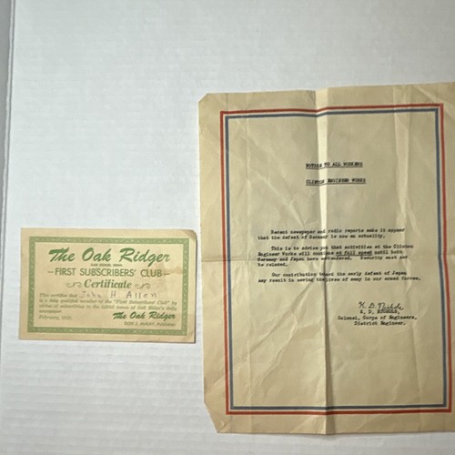 Wwii oak ridger - ridger, certificate